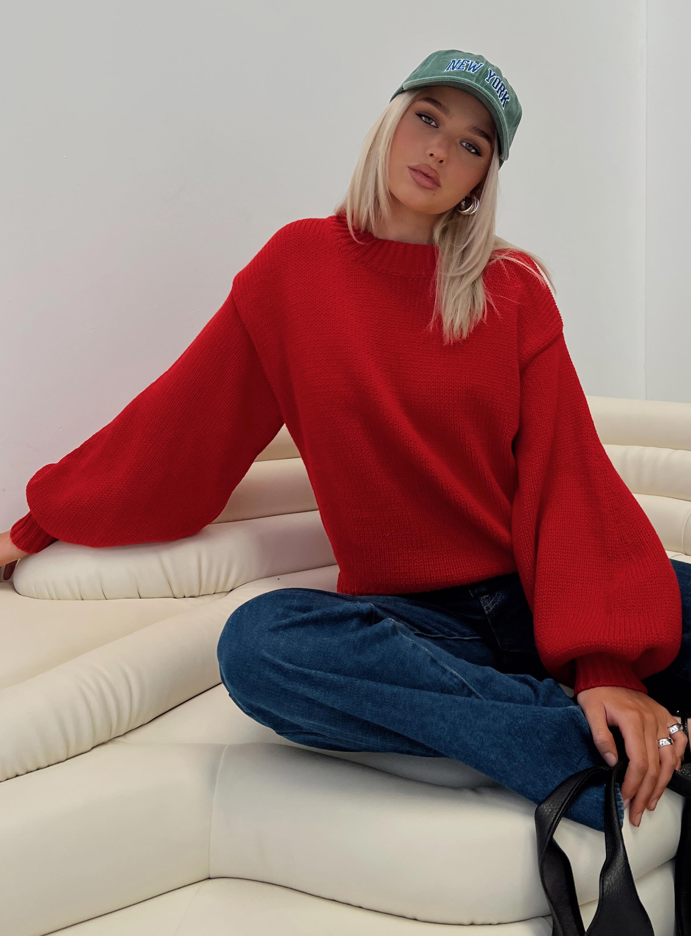 Harmony Balloon Sleeve Knit Sweater Red、mySite、solidvoid