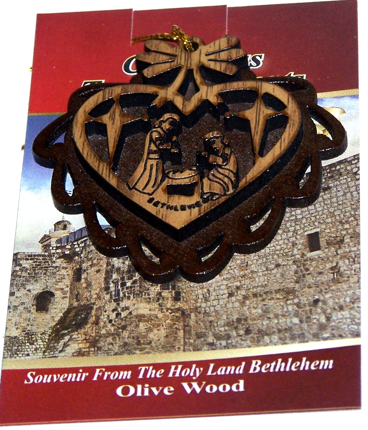  Two Layers Mahogany with Olive Wood Holy Family Nativity Scene Ornament Gift Carved by Laser - Olive Wood - Carved Inside Heart (5.5 cm or 2.2 inch with Certificate) and Gold String、mySite、elrpsem3k