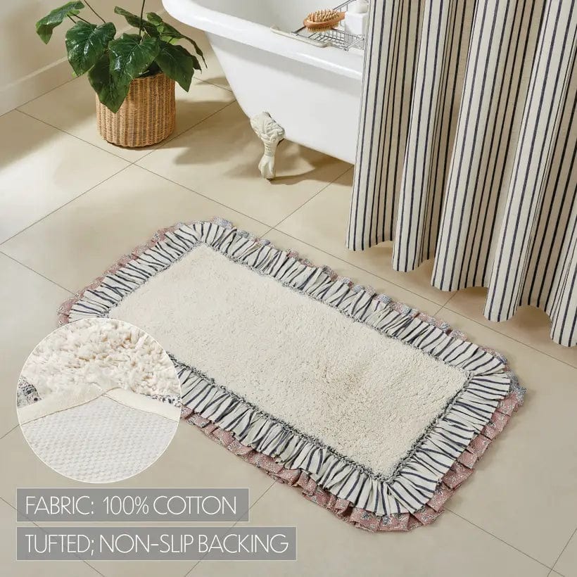 Kaila Ruffled Ticking Cream and Blue Country Farmhouse Bathmat、mySite、g9winljtr