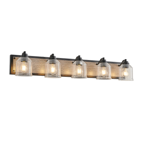 40&quot; Farmhouse Vanity Light Fixture, 5-Light Bathroom Wall Sconce with Clear Seeded Glass Shades, Black and Wood Grain Finish, Modern Industrial Design for Bathroom or Powder Room (No Bulbs)、、eastwooduniform