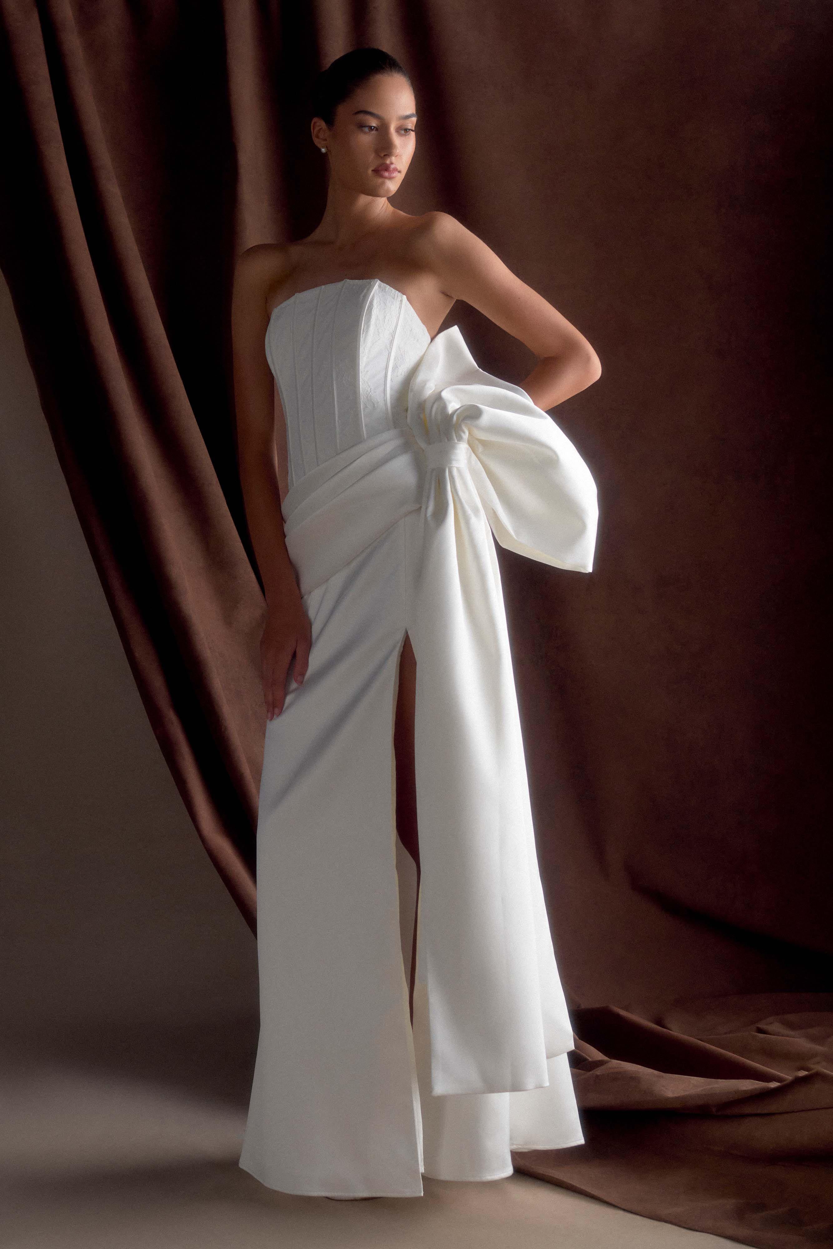 Galia Satin Corset Gown - White、mySite、solidvoid