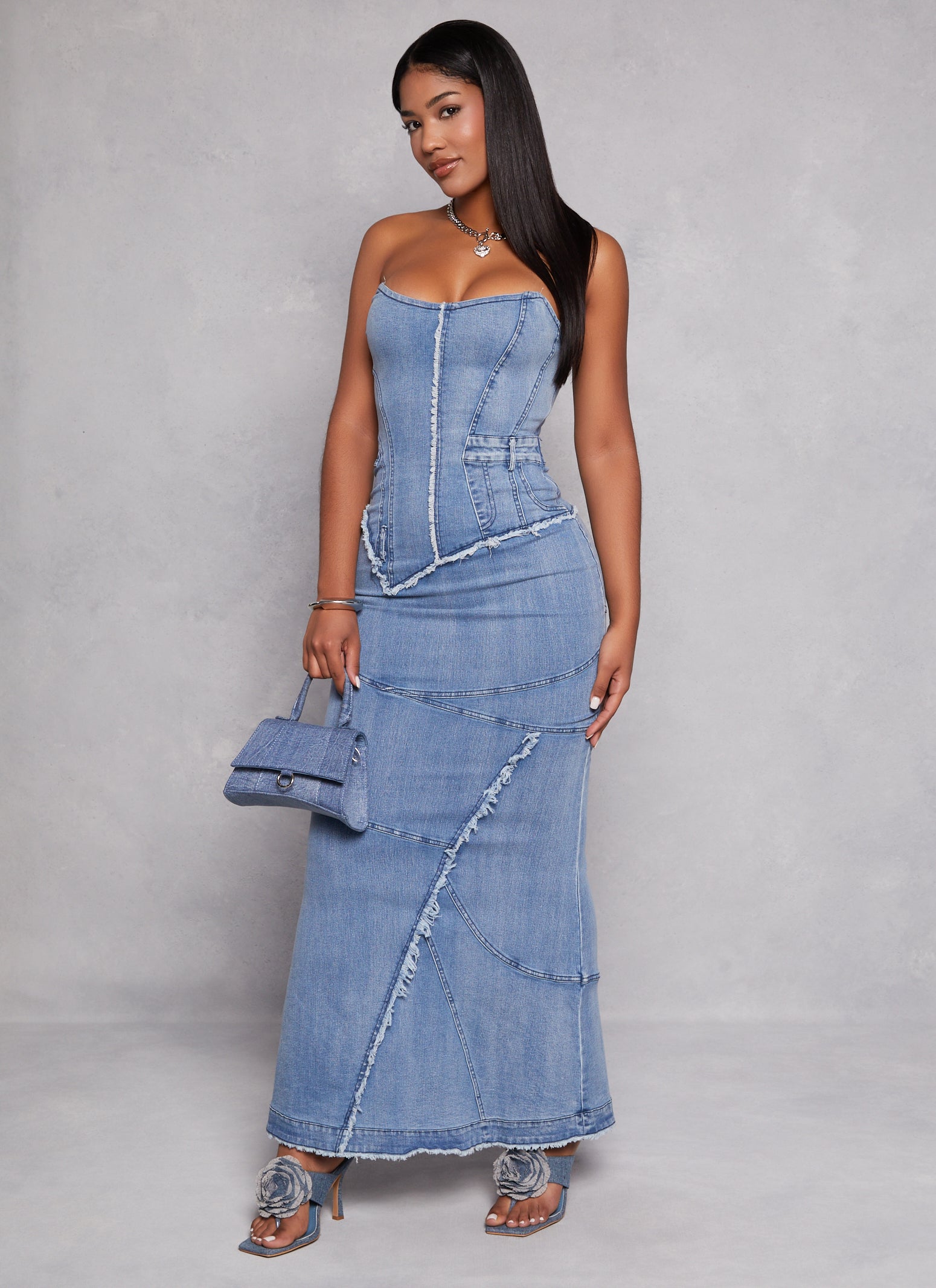 Denim Frayed Corset Maxi Dress、mySite、camillekostekn