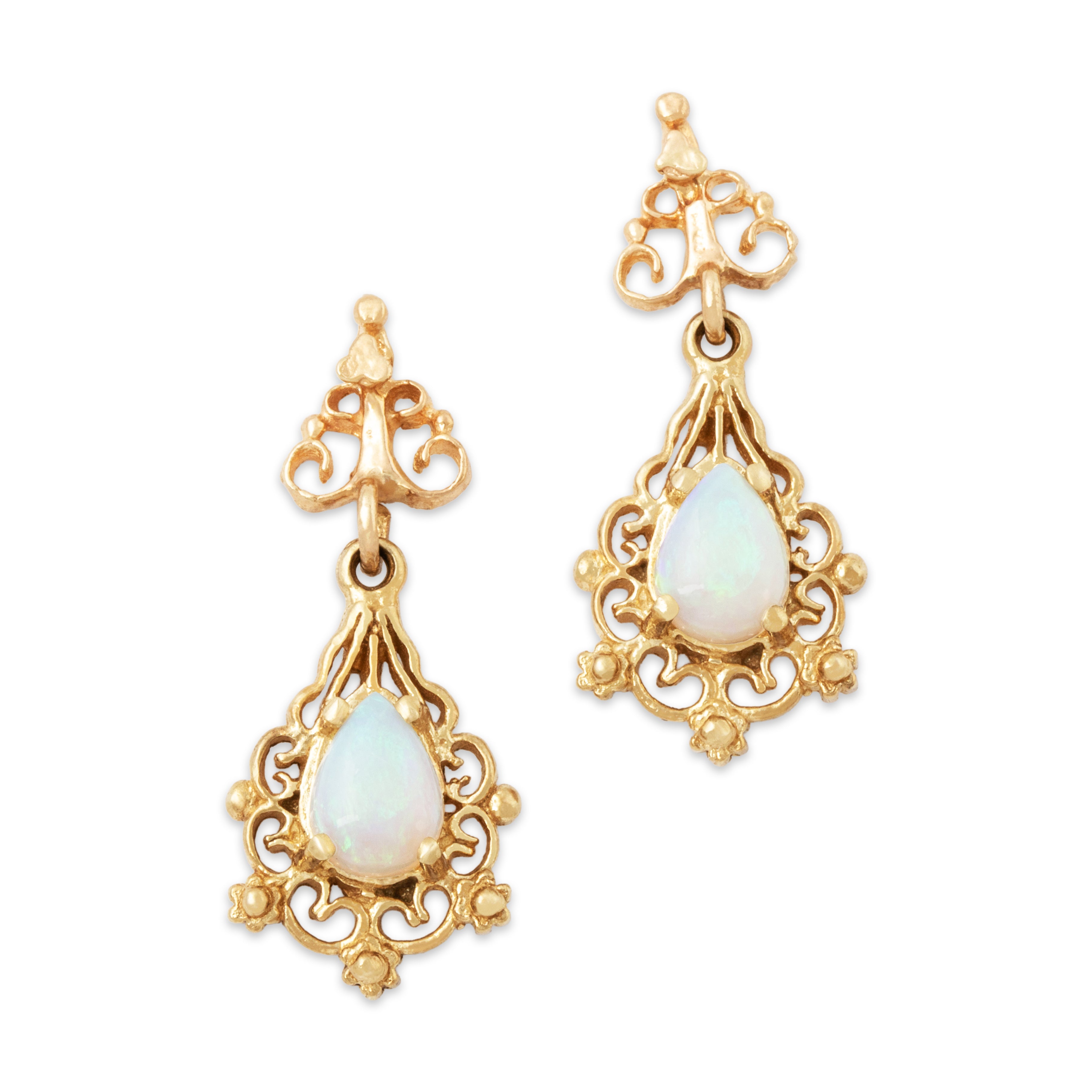 Vintage 14k Yellow Gold Opal Flashing Flourish Dangle Earrings、mySite、hinf8tx79