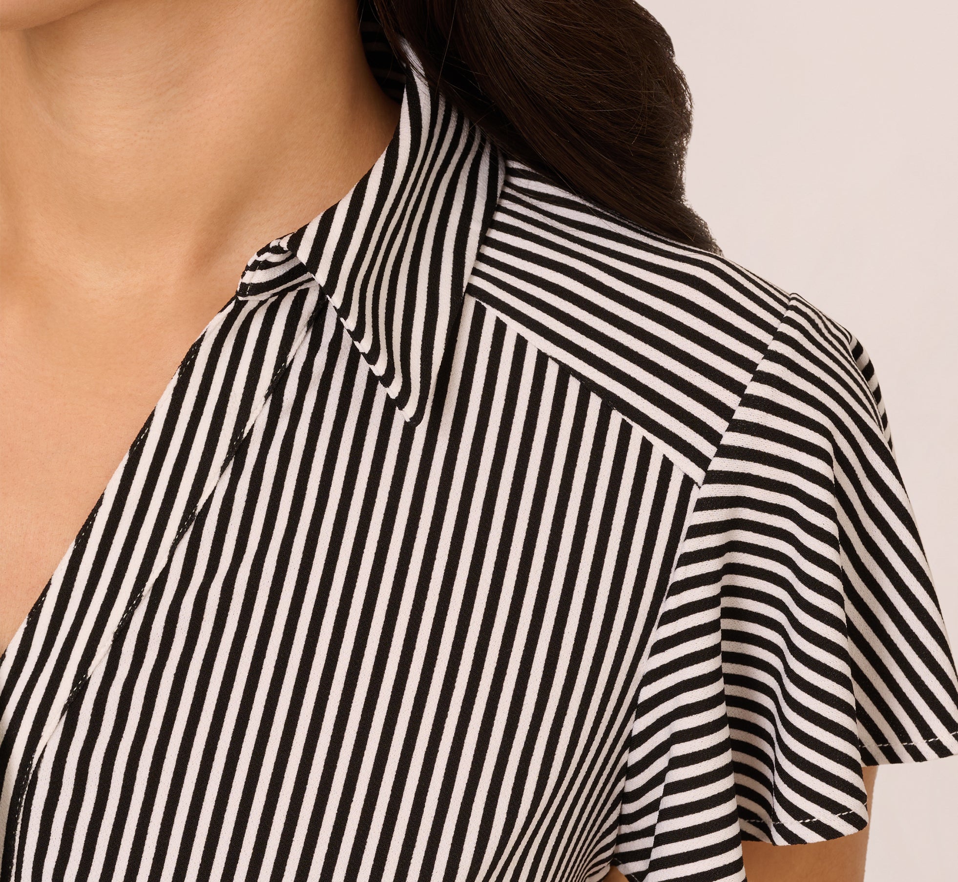 Flutter Sleeve Button Front Printed Top In Black Ivory Small Stripe、mySite、solidvoid