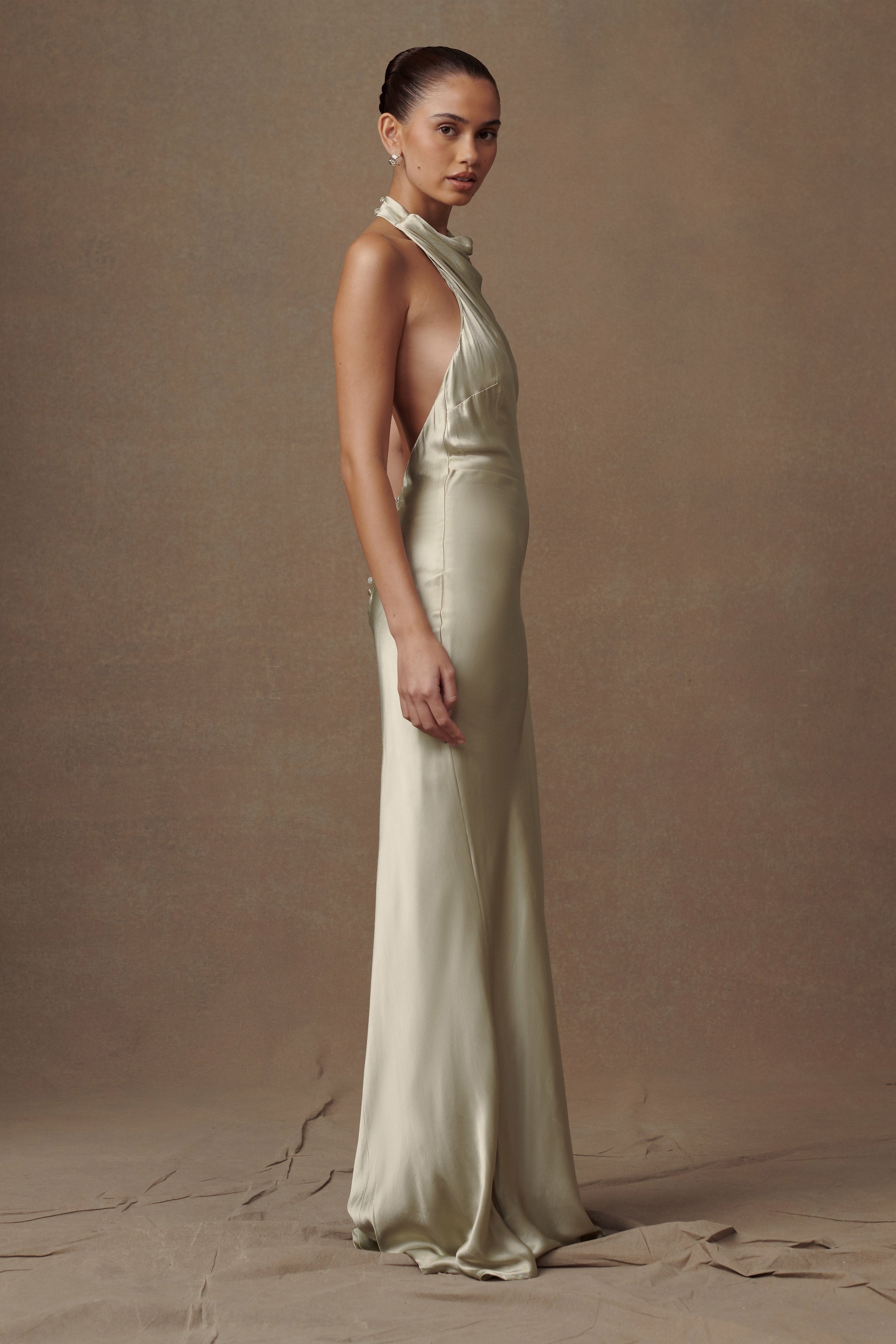 Esther Iridescent Satin Cowl Maxi Dress - Sage、mySite、solidvoid