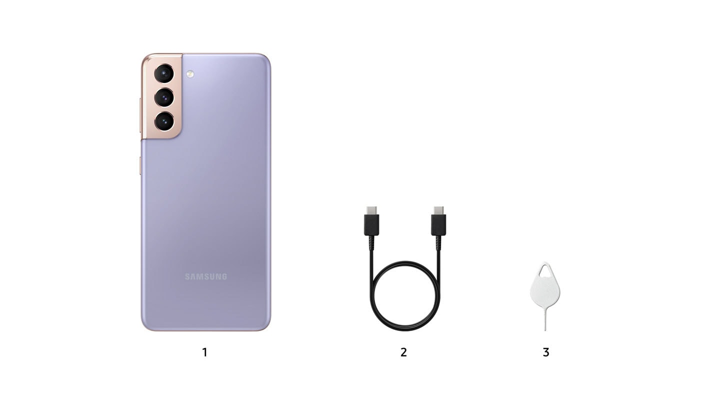 A violet color S21, a data cable, and an ejection pin are placed together.