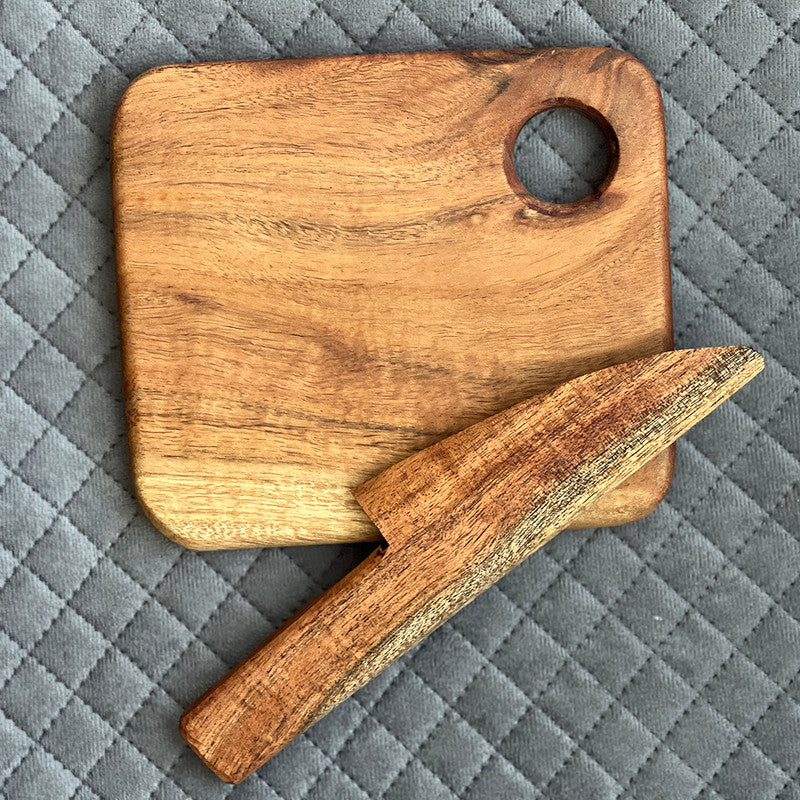 Kids Acacia Wood Cutting Board with Wooden Knife | Food Grade Finish | Brown、mySite、camillekostekn