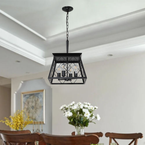 (Same as W1340111202/L1008) 16" Walnut Industrial 4-Light Pendant Chandelier, Modern Metal Cage Design, Adjustable Hanging Light for Dining Room, Kitchen, Living Room (No Bulbs)、、eastwooduniform