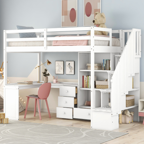 Twin Size Loft Bed with L-Shaped Desk and Drawers, Cabinet and Storage Staircase, White、、casual