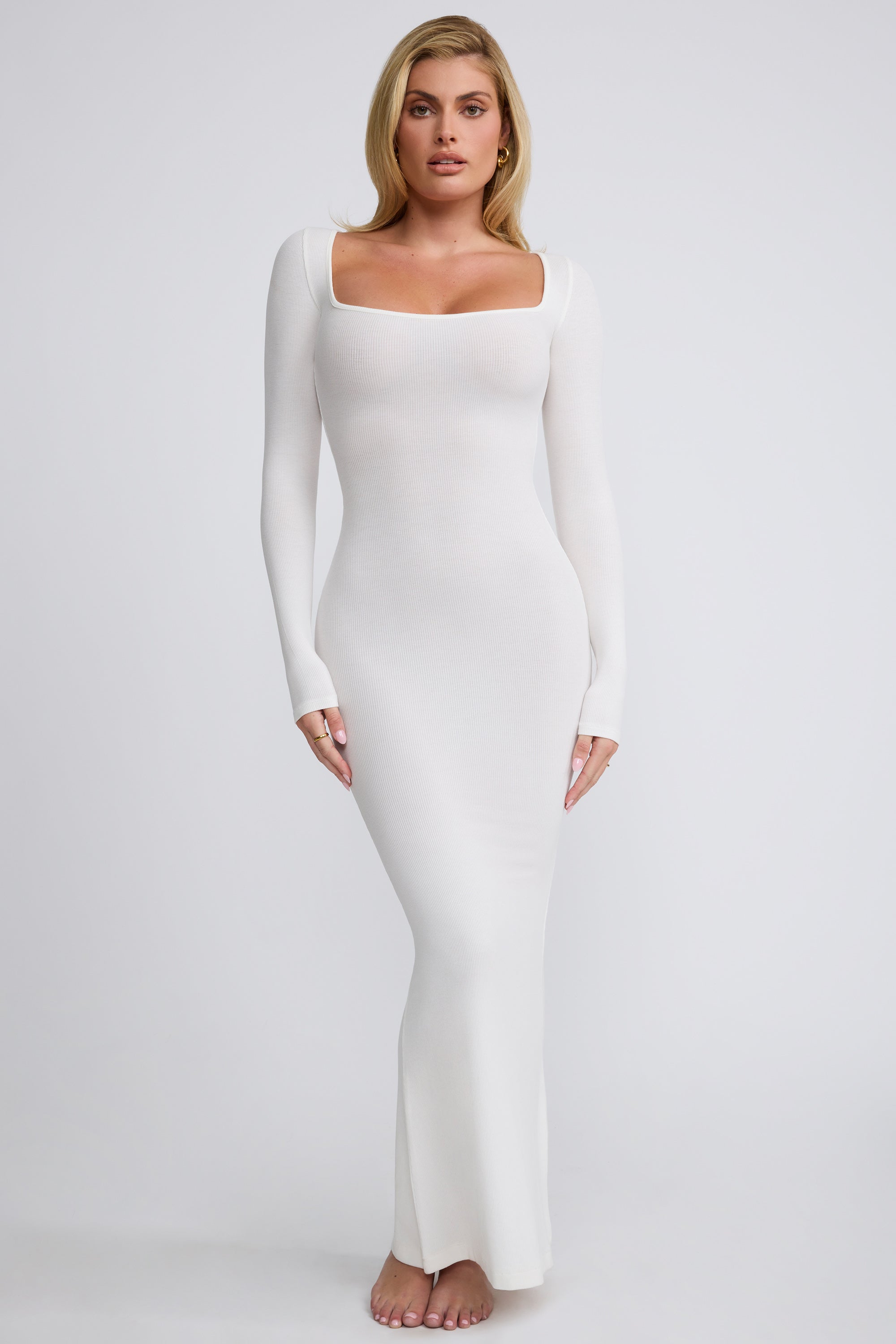 Ribbed Modal Long Sleeve Maxi Dress in White、mySite、solidvoid