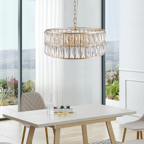 18" Black Modern Crystal Drum Chandelier, 6-Light Pendant Lighting Fixture with Metal Frame for Living Room, Dining Room, and Bedroom (Bulbs Not Included)、、eastwooduniform