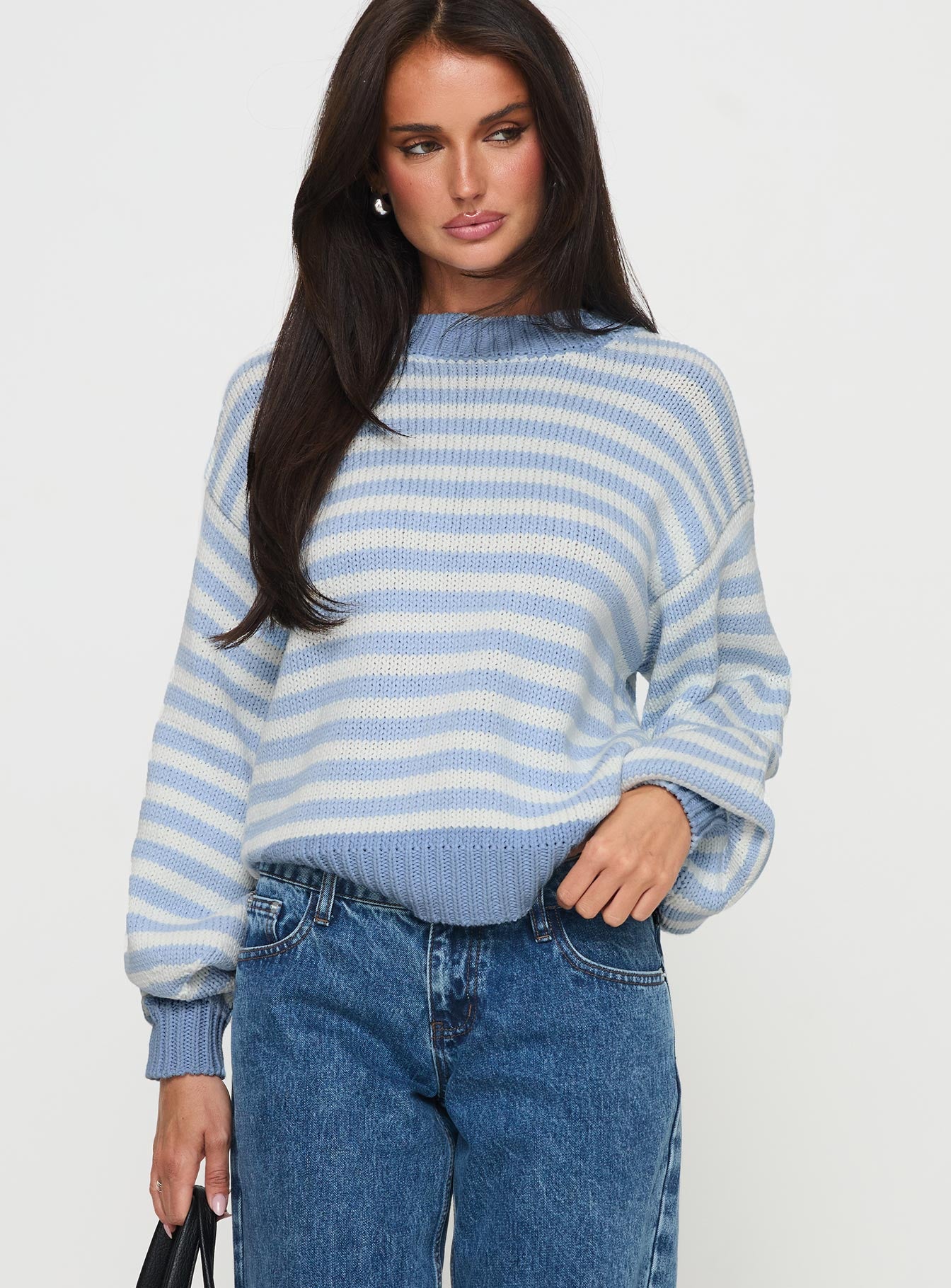 Harmony Balloon Sleeve Knit Sweater Blue / White Stripe、mySite、solidvoid