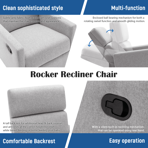 Modern Upholstered Rocker Nursery Chair Plush Seating Glider Swivel Recliner Chair, Gray、、casual
