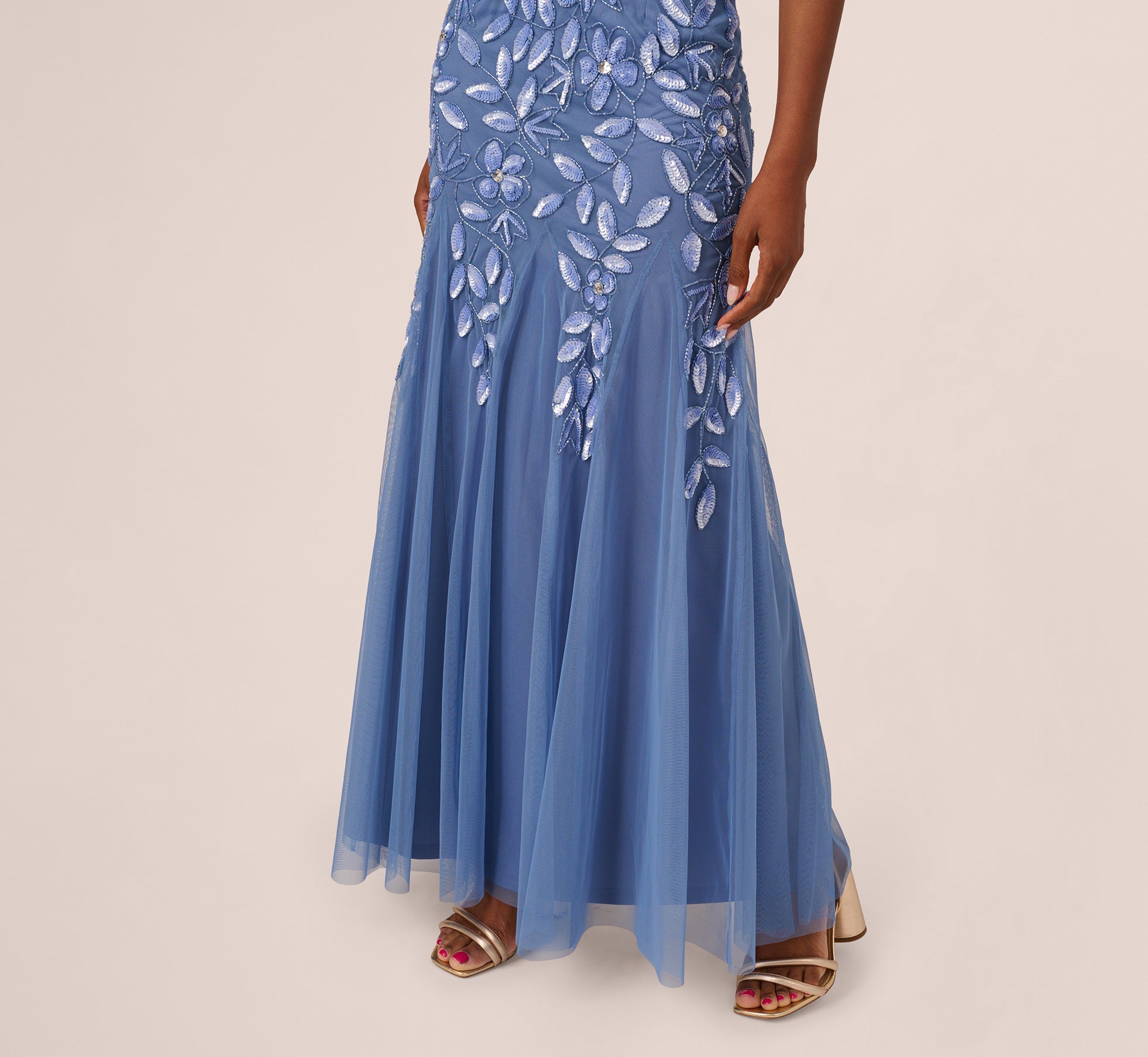 Off Shoulder Floral Beaded Godet Gown In French Blue、mySite、solidvoid