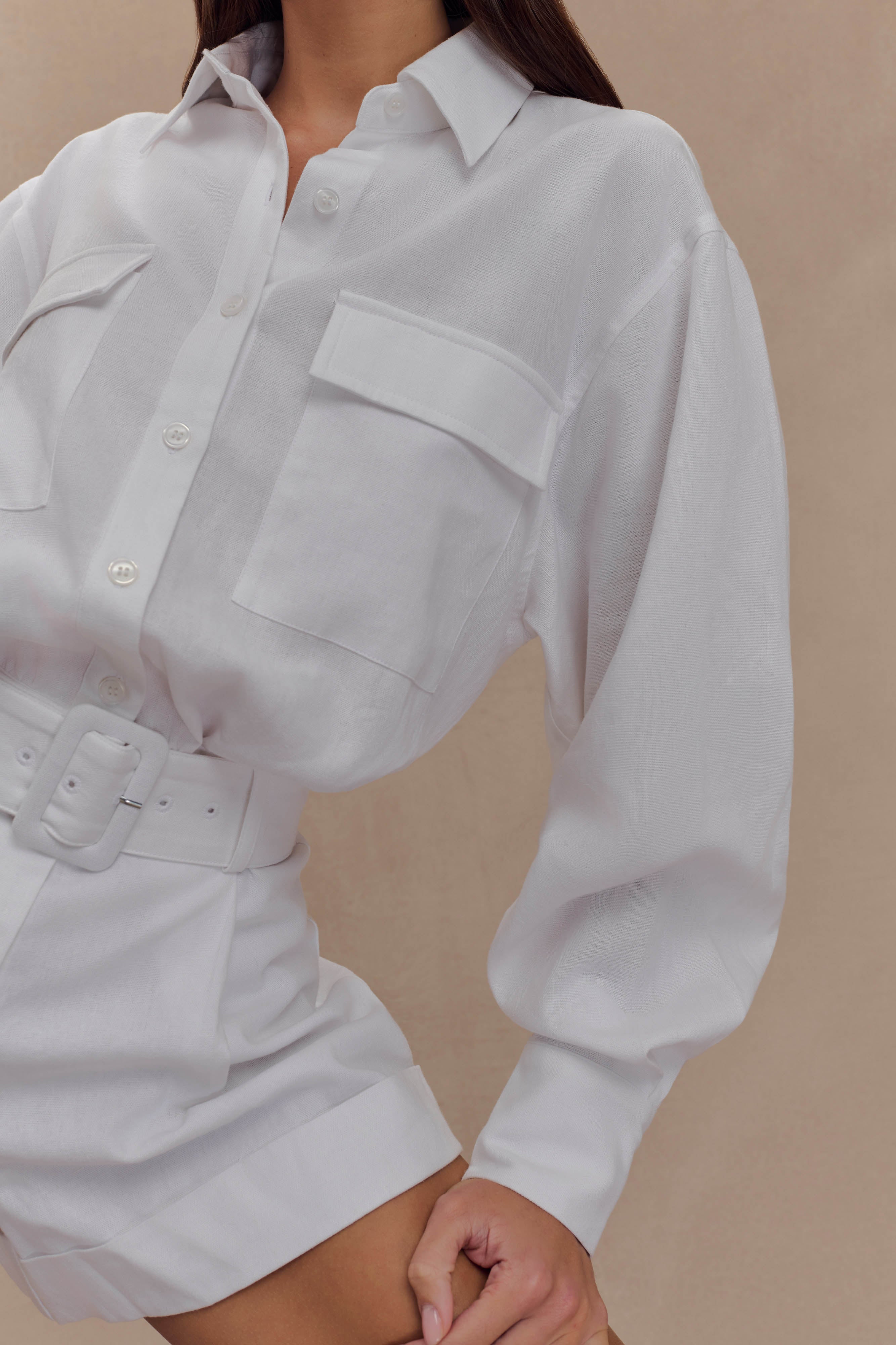 Adia Linen Belted Playsuit - White、mySite、solidvoid