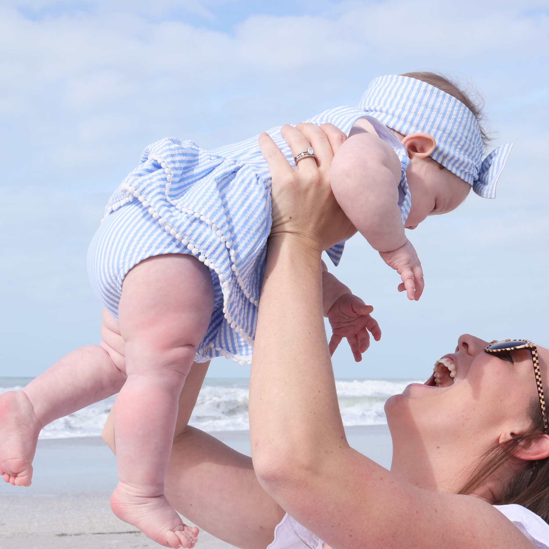  Tiered Skirt with White Pom Trim | Seersucker Blue、mySite、layawaytickets