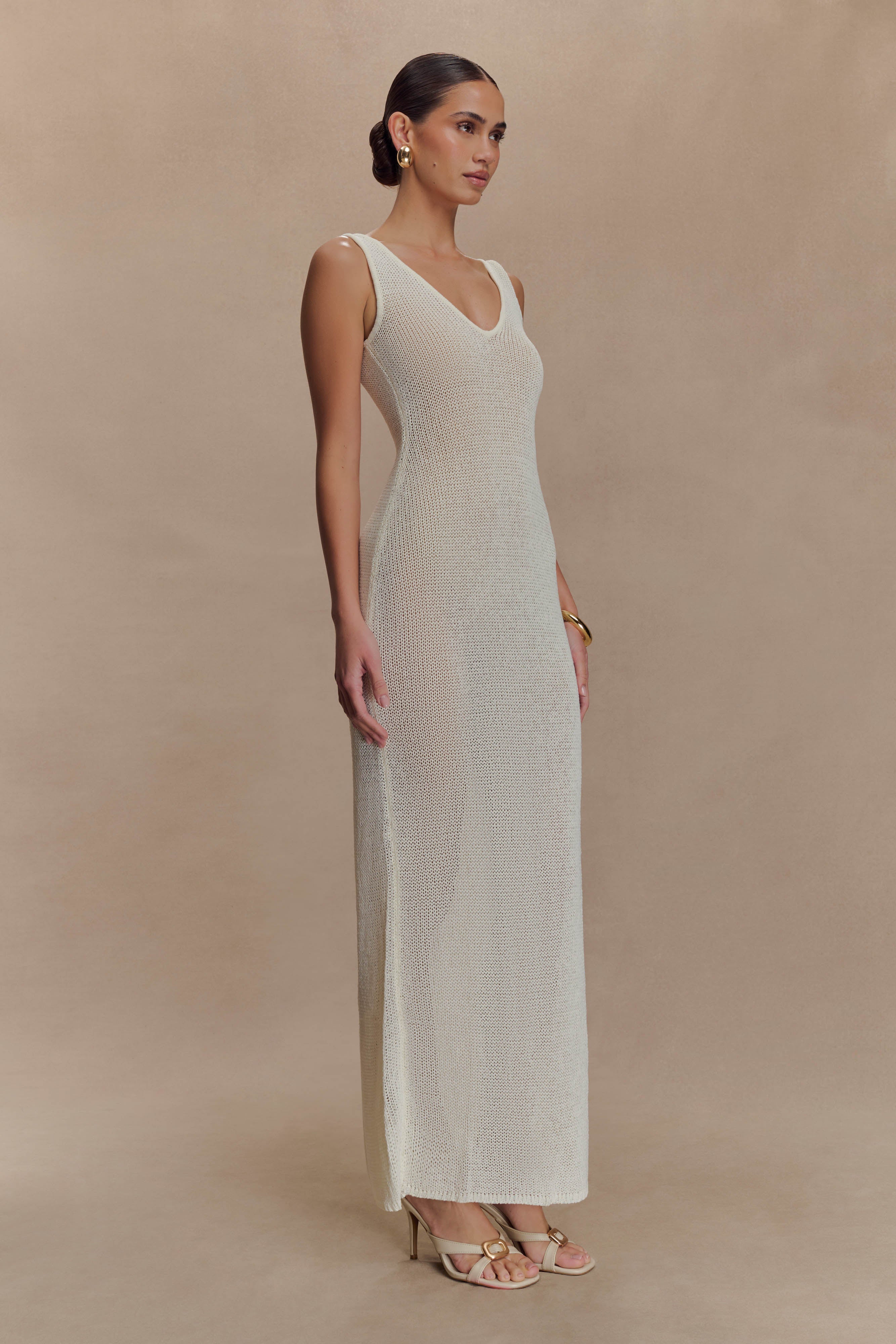 Ari Tape Yarn Knit Maxi Dress - White、mySite、solidvoid