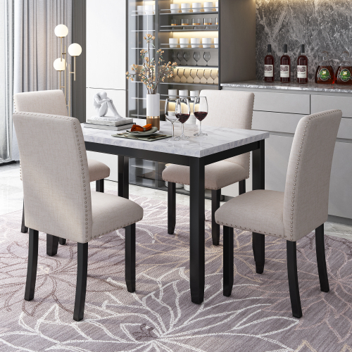 TREXM Faux Marble 5-Piece Dining Set Table with 4 Thicken Cushion Dining Chairs Home Furniture, White/Beige+Black、、casual