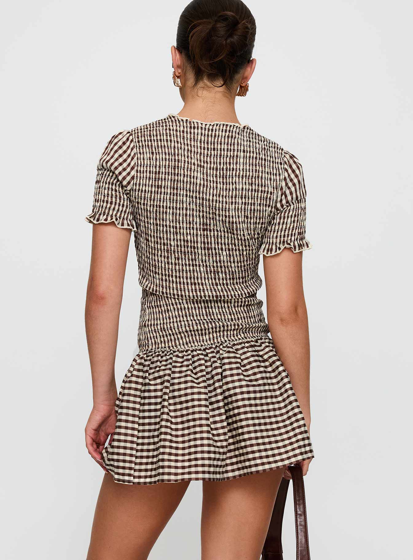 Laurita Shirred Mini Dress Brown Check、mySite、solidvoid