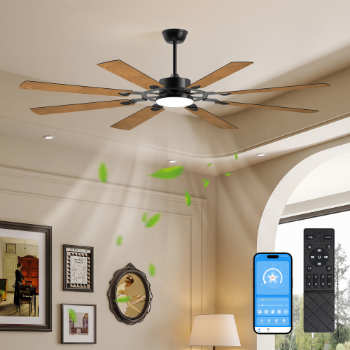 52 Inch Ceiling Fan with Lights and Remote Control, 8 Plywood Blades, 6-Speed Noiseless Reversible DC Motor, 3CCT, Windmill Ceiling fan for Kitchen Bedroom Living Room, Black、、eastwooduniform