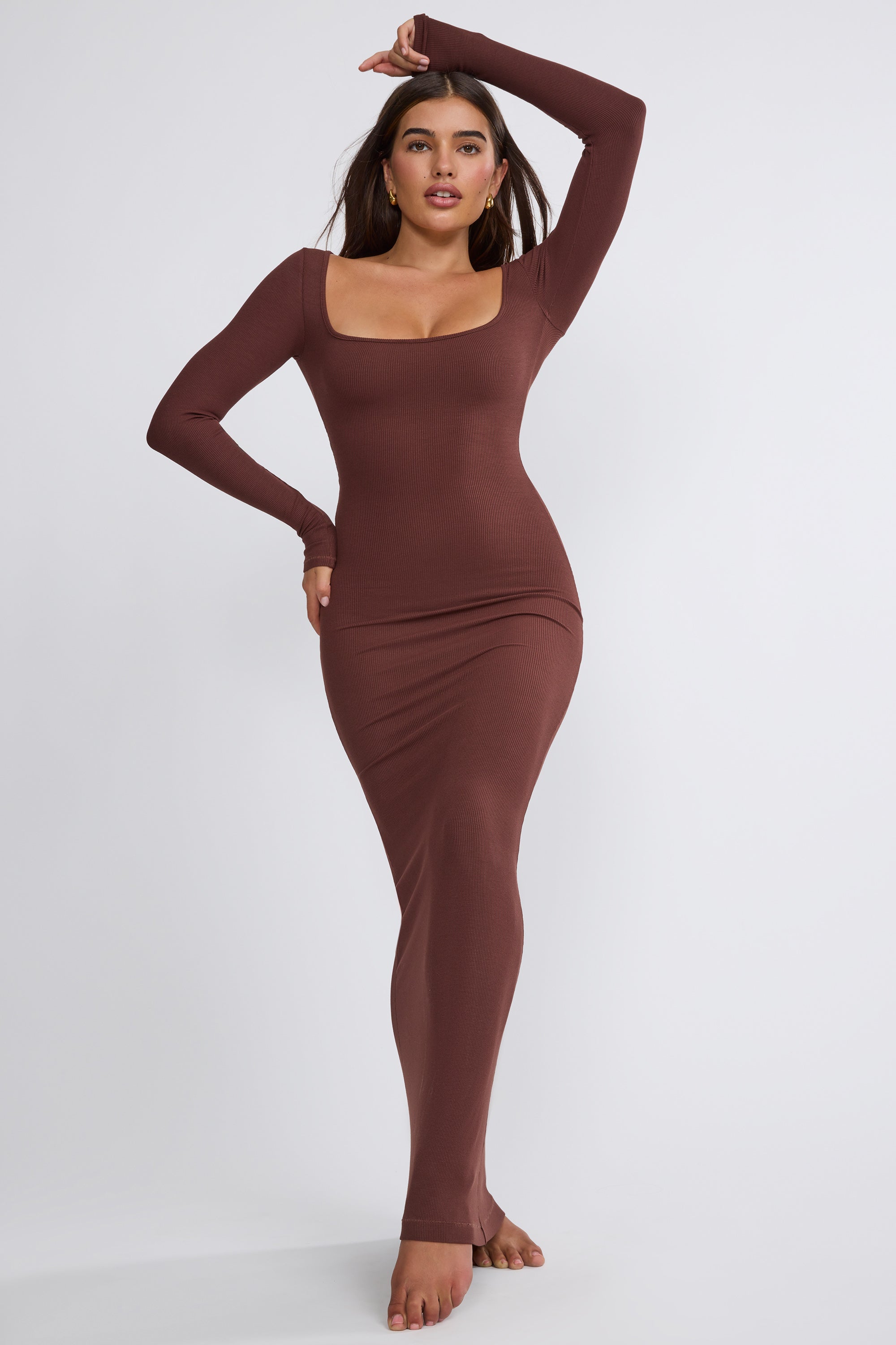 Ribbed Modal Long Sleeve Maxi Dress in Chocolate、mySite、solidvoid