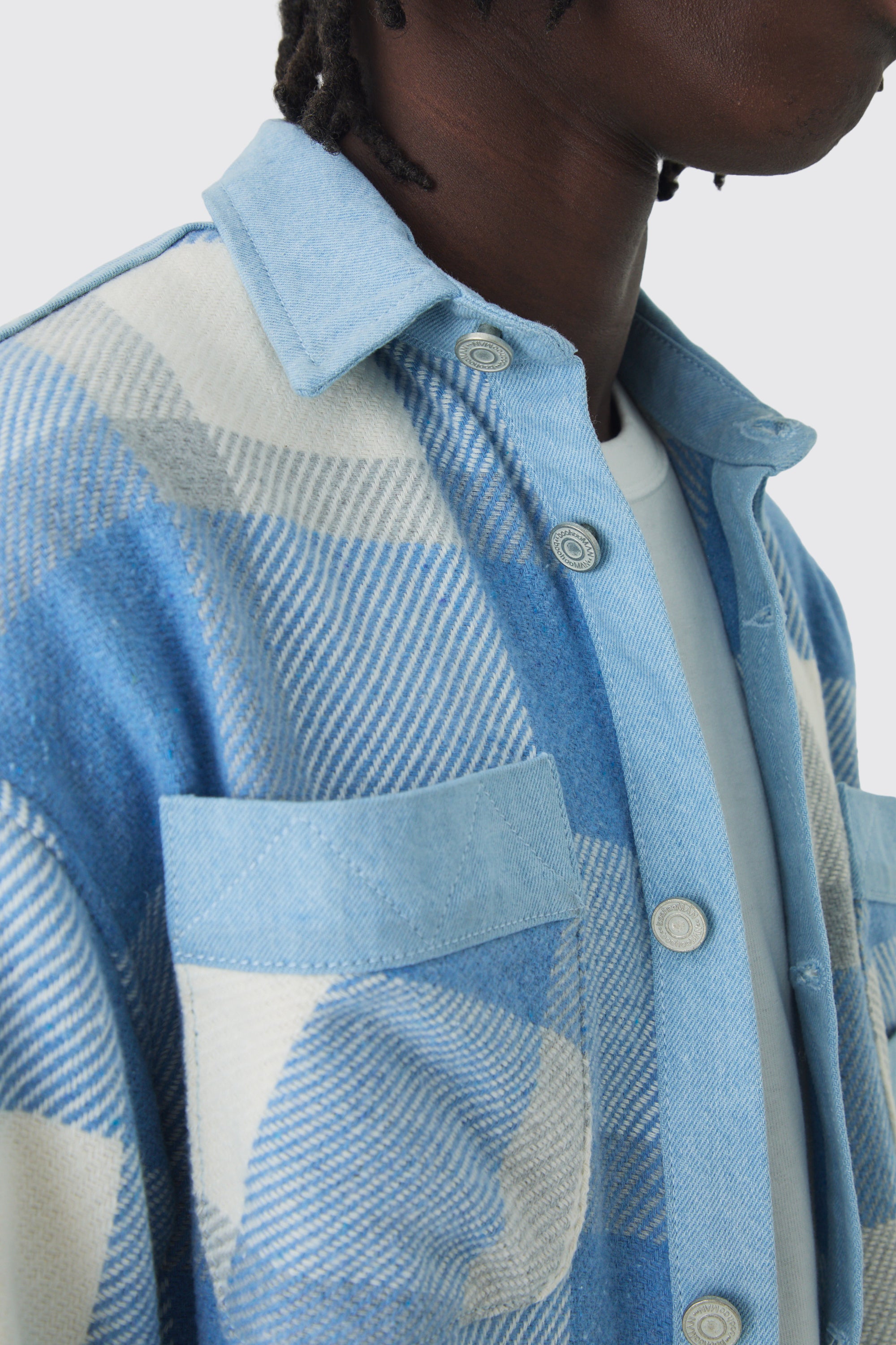  Boohooman Oversized Denim Checked Quilted Shirt Light Blue、mySite、justintrudeaud