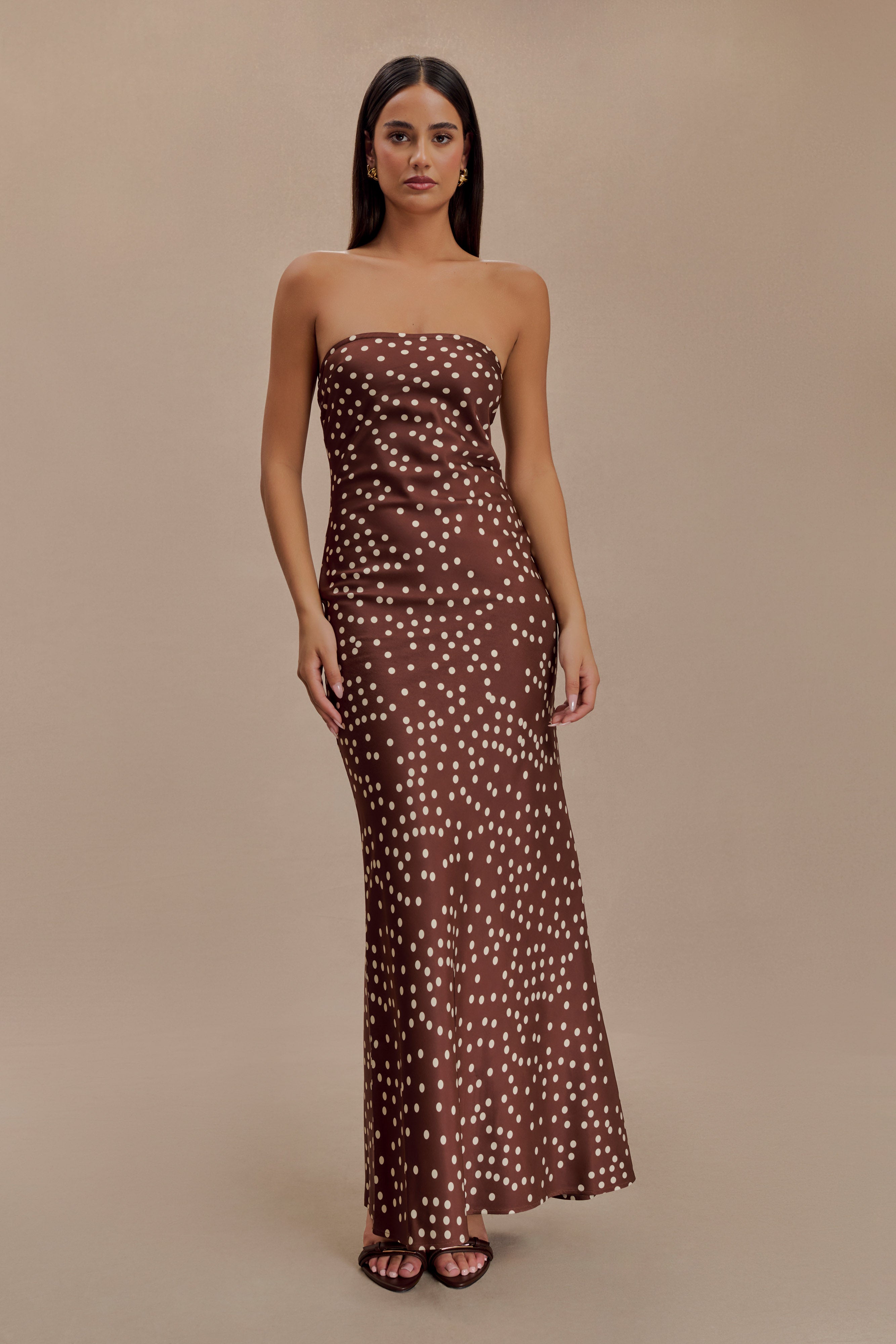 Claudette Strapless Satin Maxi Dress - Brown Polka Dot Print、mySite、solidvoid