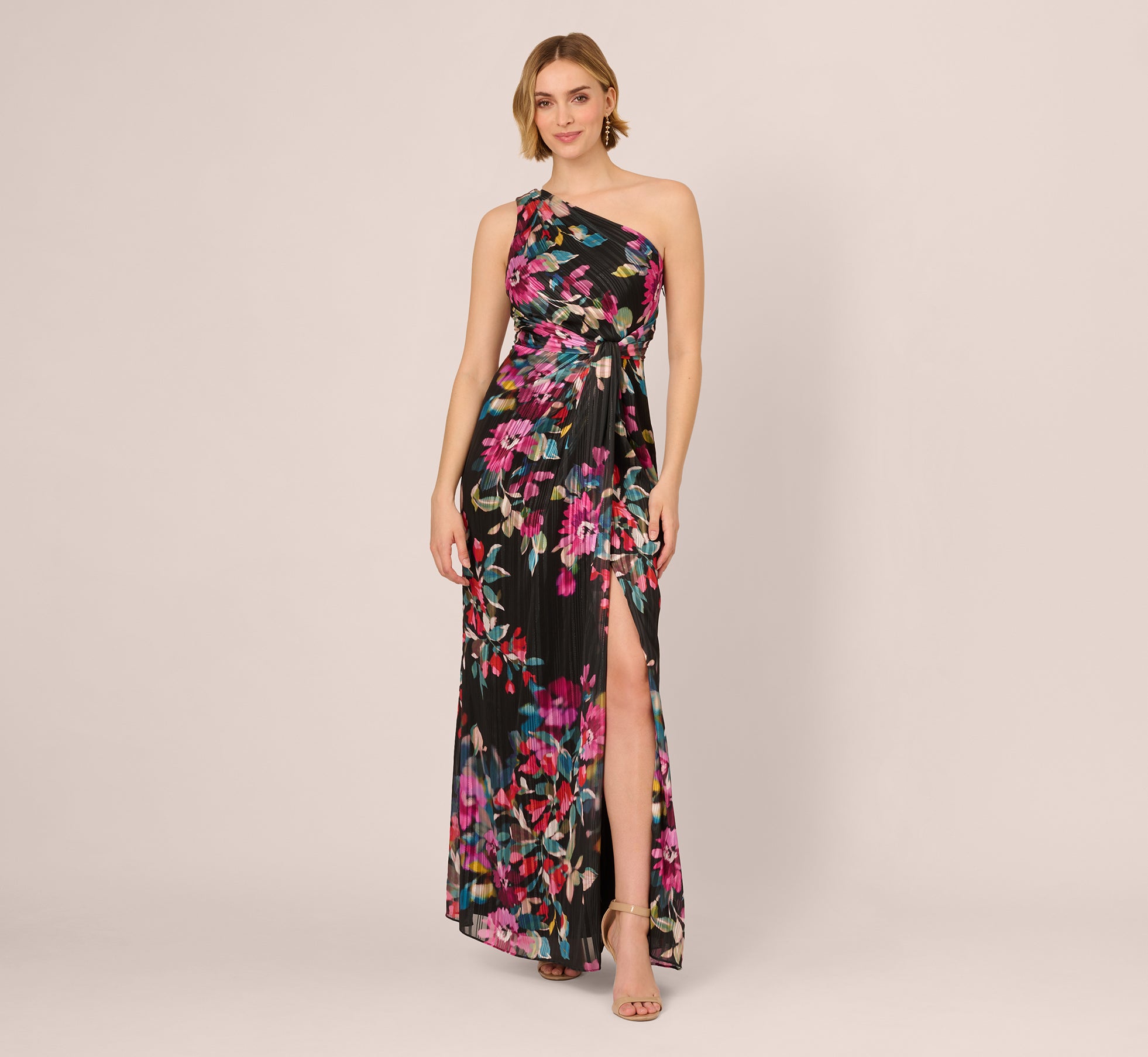 One Shoulder Metallic Floral Stripe Gown In Black Multi、mySite、solidvoid