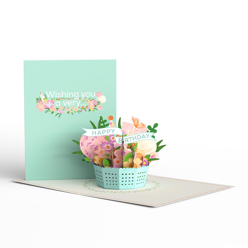 Delicate Floral Happy Birthday Basket Paperpop Card®、mySite、solidvoid