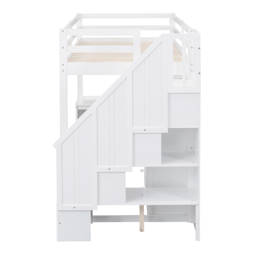 Twin Size Loft Bed with L-Shaped Desk and Drawers, Cabinet and Storage Staircase, White、、casual