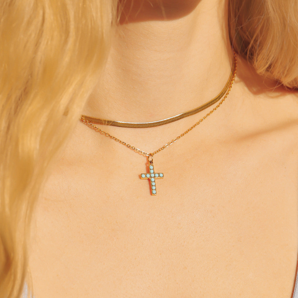 18K Gold PVD Stainless Steel Turquoise Stone Cross Charm / PDL0230、mySite、dreamappss