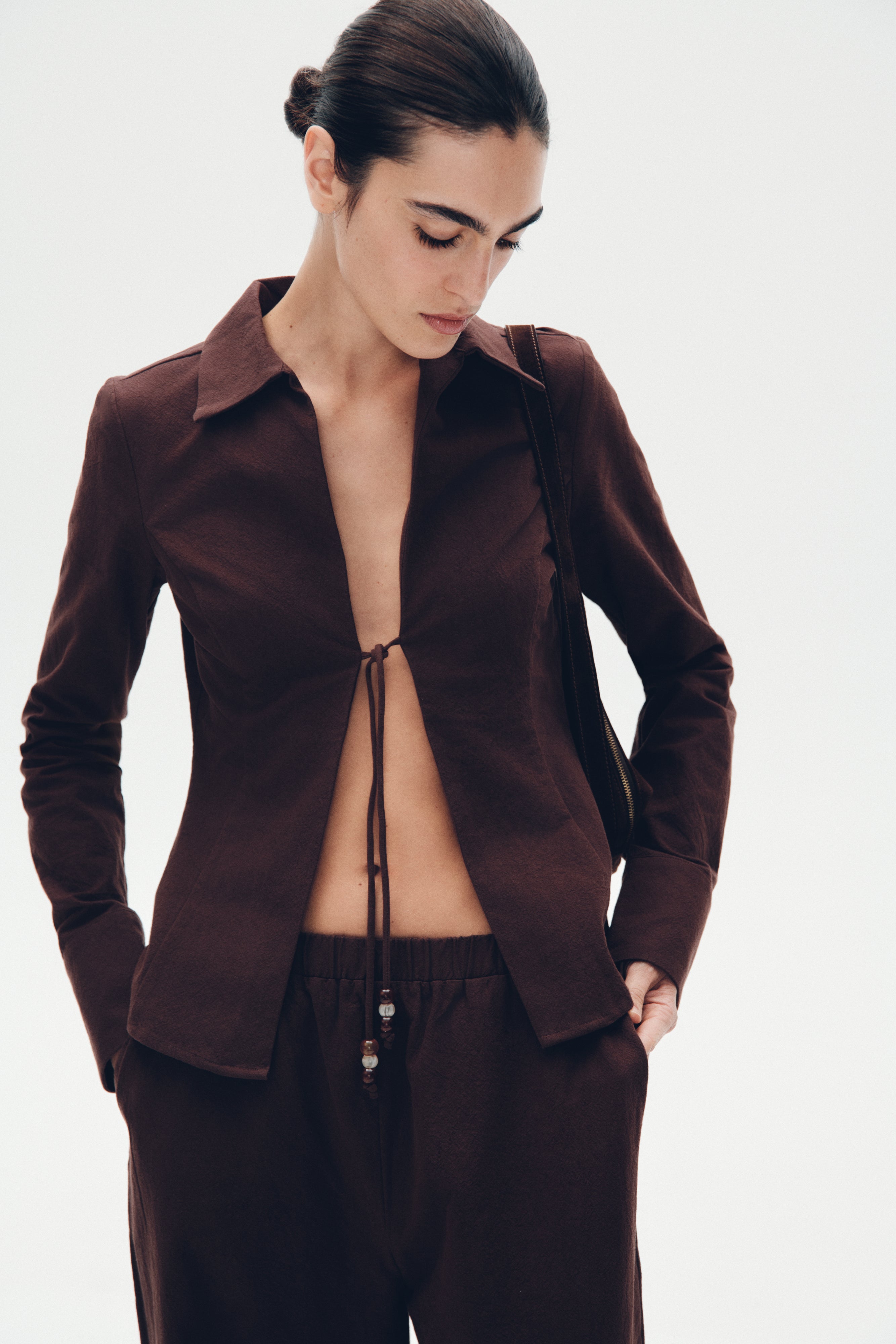 Annalee Cotton Beaded Tie Shirt - Dark Espresso、mySite、solidvoid