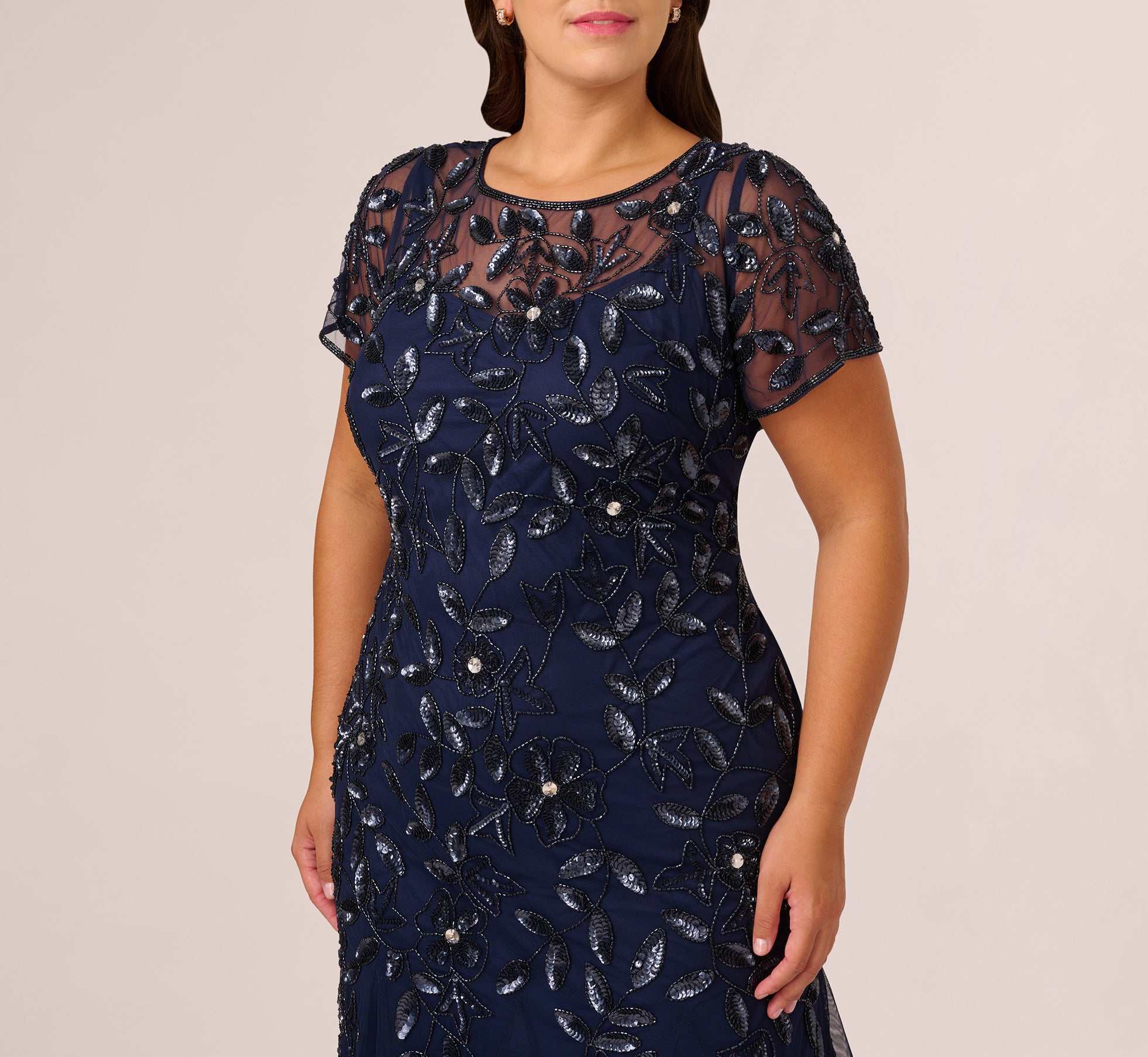 Plus Size Hand Beaded Short Sleeve Floral Godet Gown In Light Navy、mySite、solidvoid