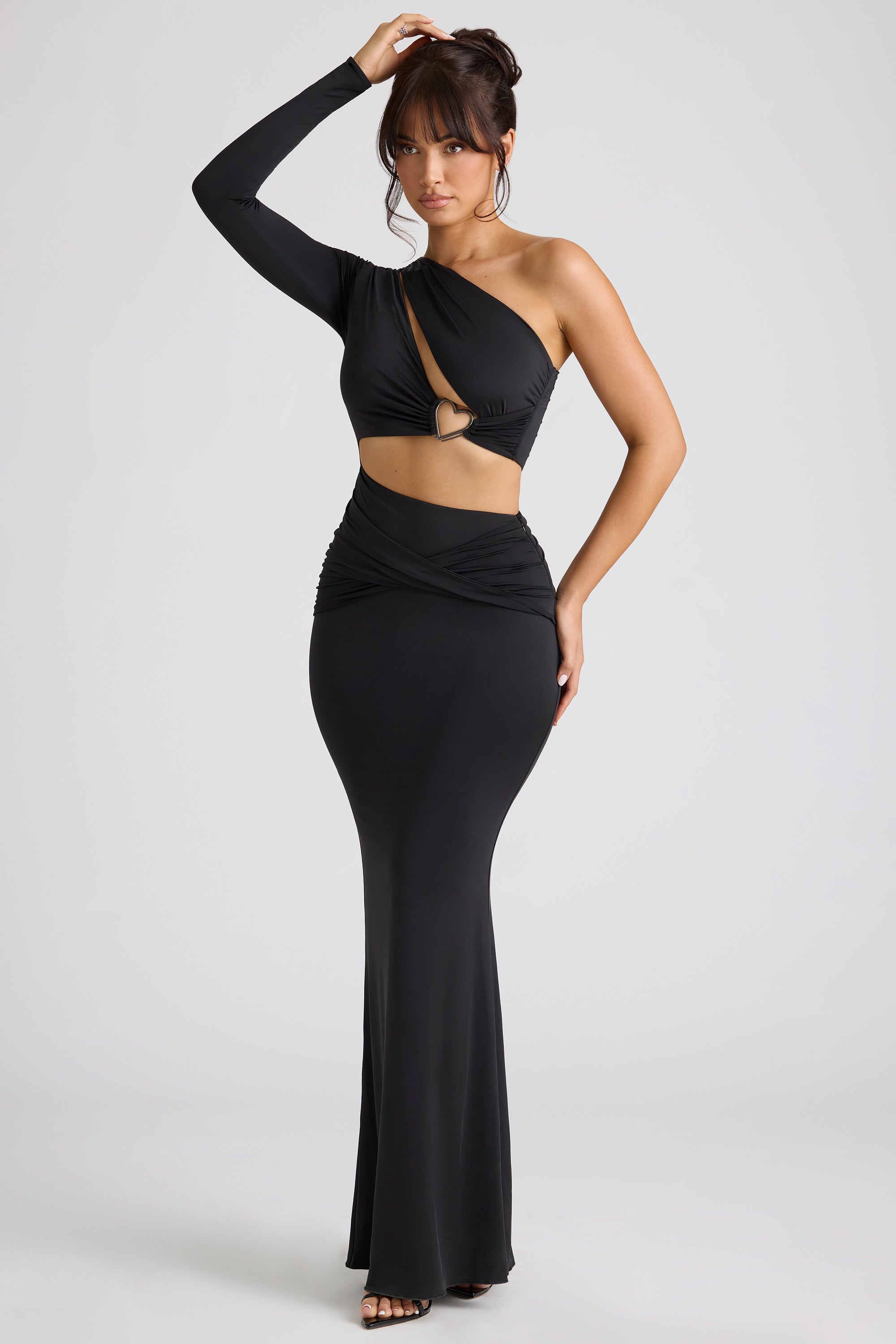 Single Sleeve Cut Out Evening Gown in Black、mySite、solidvoid