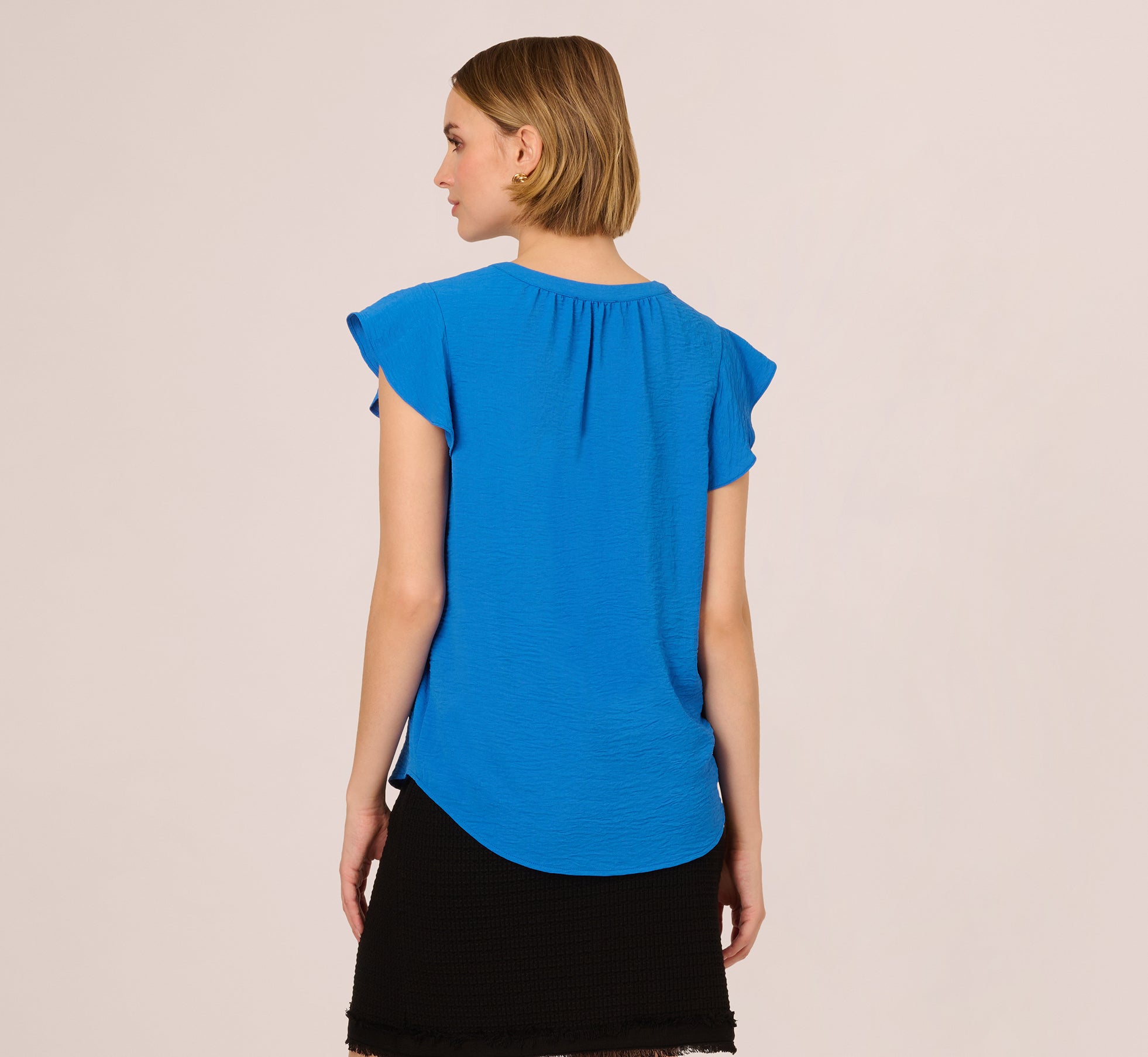 Flutter Sleeve Top With Notched Neck In Egyptian Blue、mySite、solidvoid