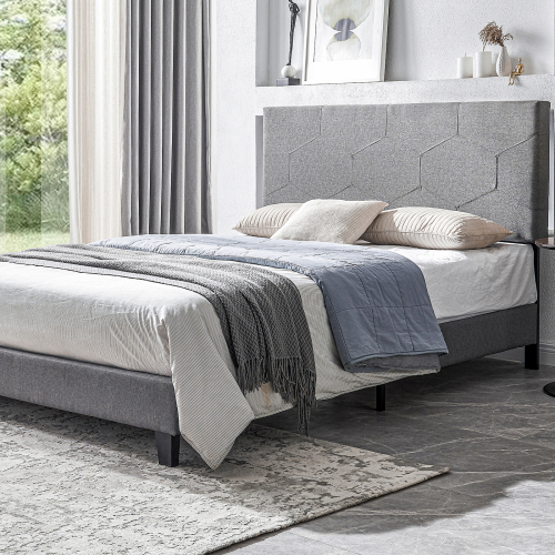King Size Upholstered Platform Bed Frame with Button Tufted Linen Fabric Headboard, No Box Spring Needed, Wood Slat Support, Easy Assembly, Gray、、casual