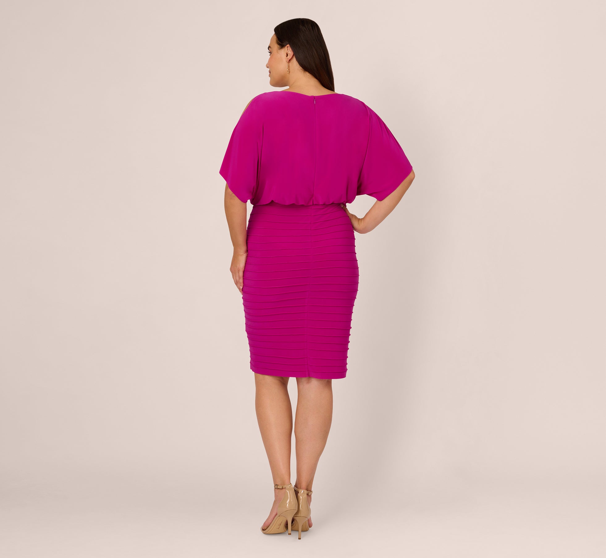 Plus Size Blouson Pintucked Dress With Cold Shoulder Sleeves In Hot Magenta、mySite、solidvoid
