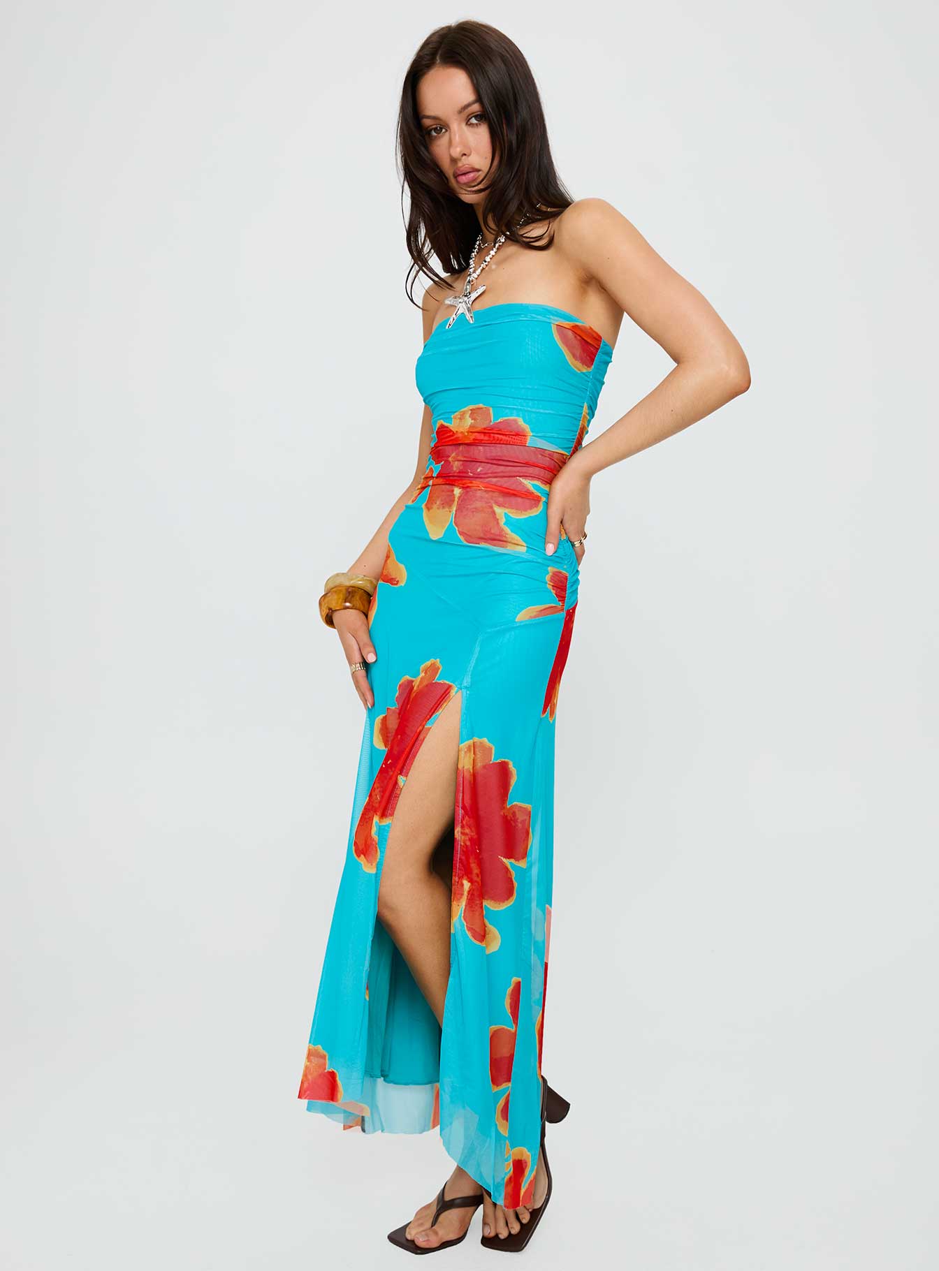 Katara Strapless Maxi Dress Blue / Orange Floral、mySite、solidvoid