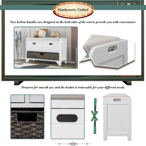 TREXM Storage Bench with Removable Basket and 2 Drawers, Fully Assembled Shoe Bench with Removable Cushion (Navy)、、casual