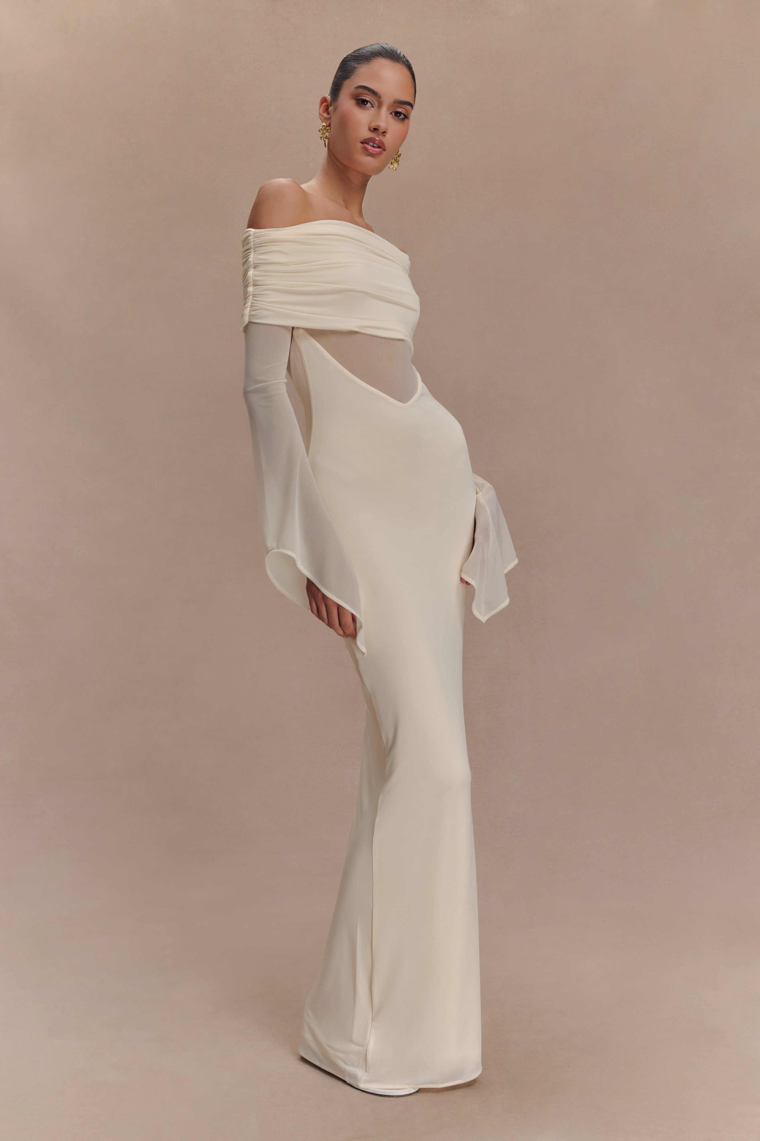Kaitlin One Shoulder Slinky And Mesh Maxi Dress - Ivory、mySite、solidvoid