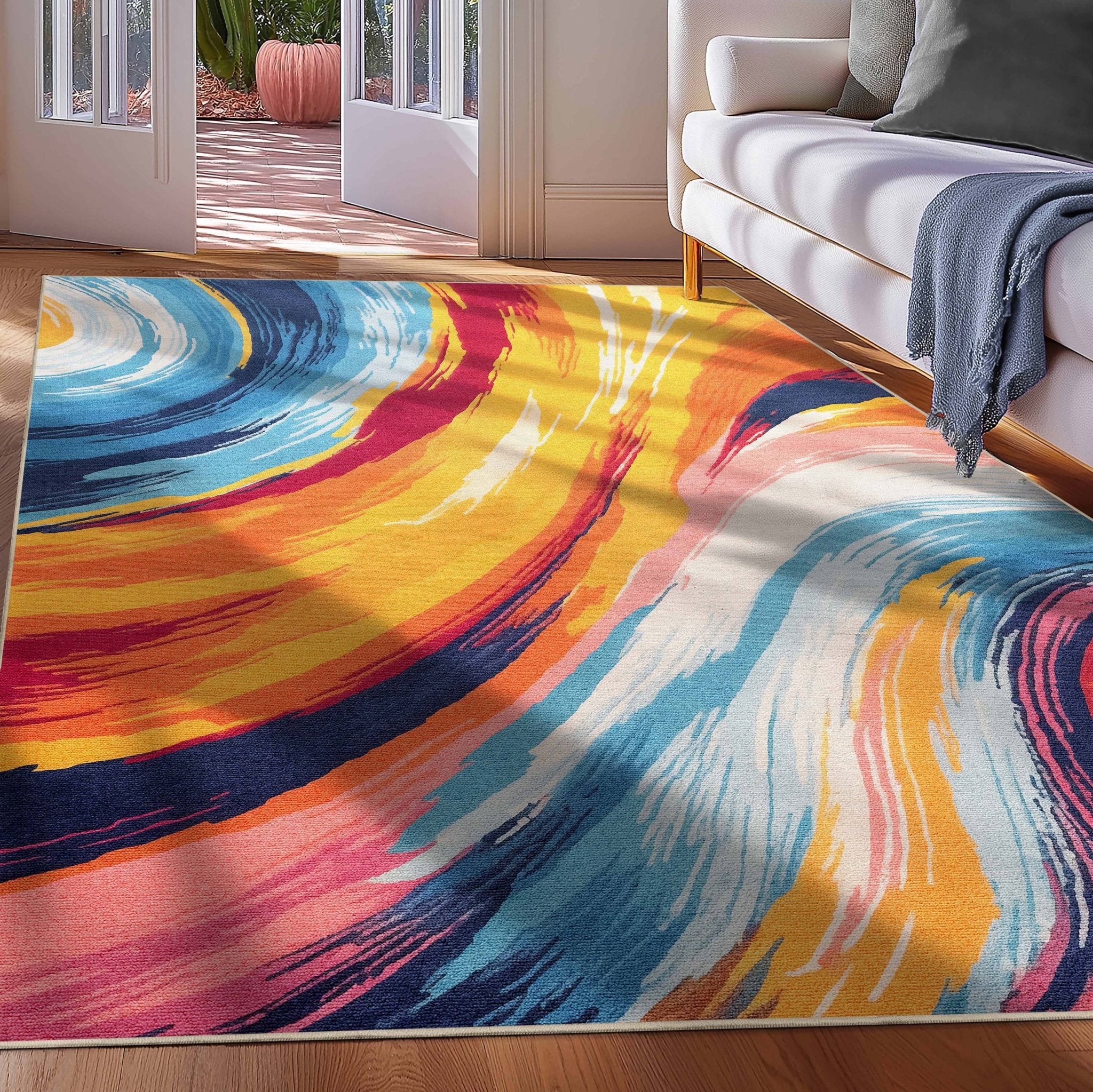 Apollo Strokes Colorful Waves Abstract Vibrant Stain-Resistant Rug - Easy to Clean、mySite、gigharbornorthrealestate