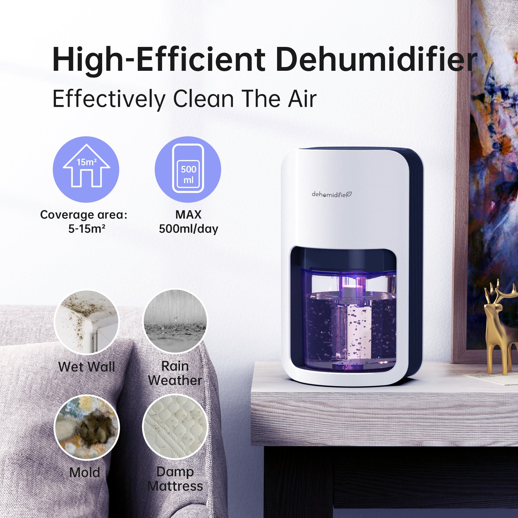 KLOUDIC 1200ml Ultra Quiet Dehumidifier with Automatic Defrosting for Home, 480 Sq ft、mySite、fannypackpong