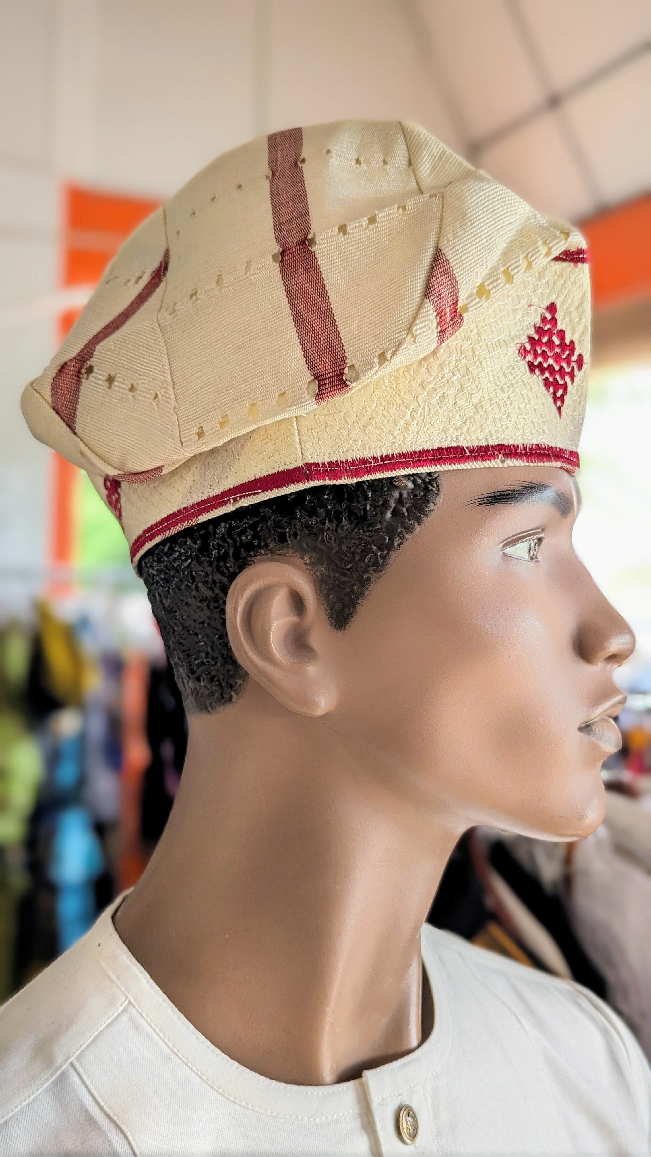 Dupsie's IfeFila Cream African Aso Oke Fila Cap hat with Burgundy embroidery DPHACB4、mySite、solidvoid