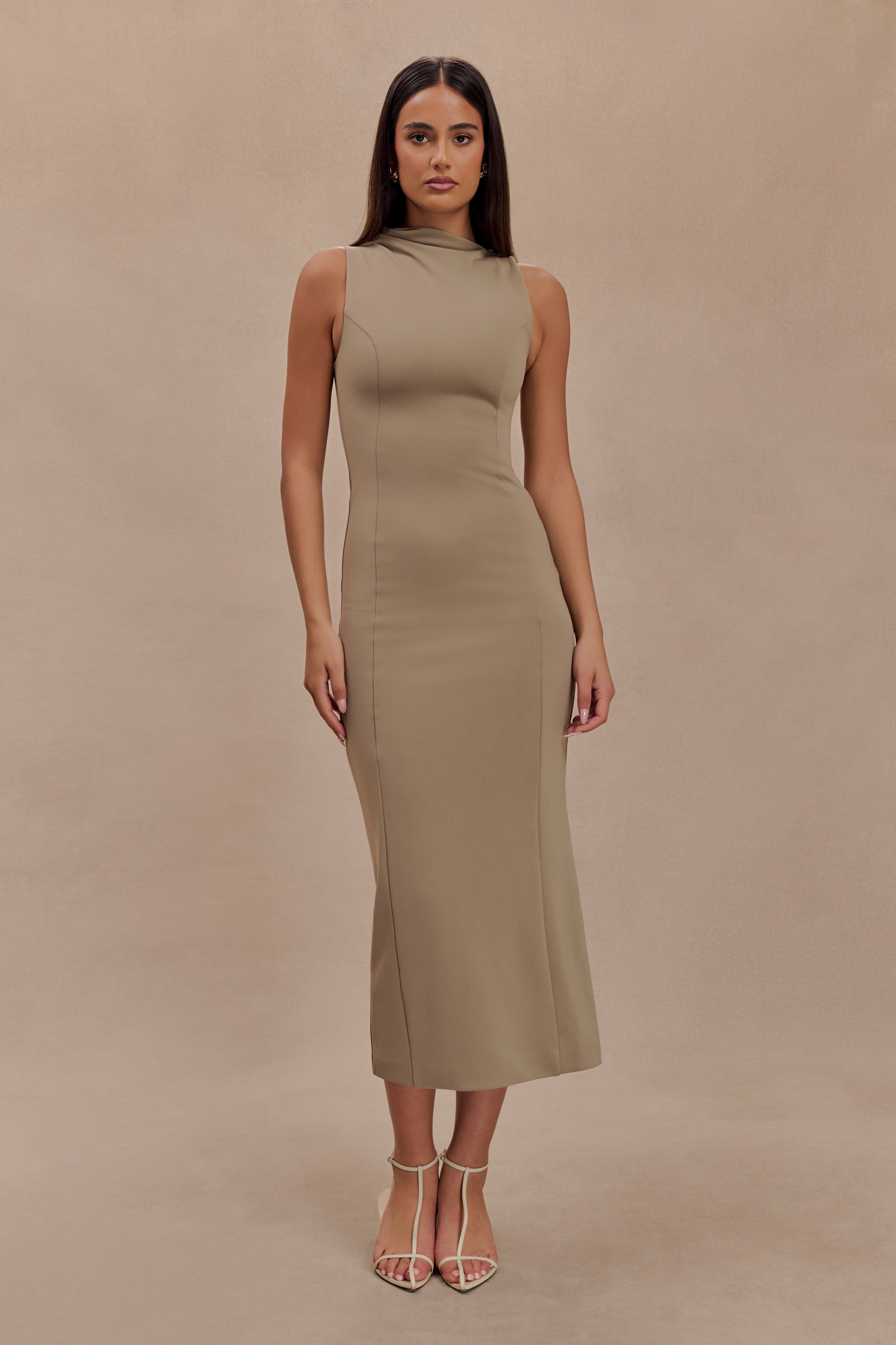 Taylor Draped Stretch Crepe Midi Dress - Mushroom、mySite、solidvoid