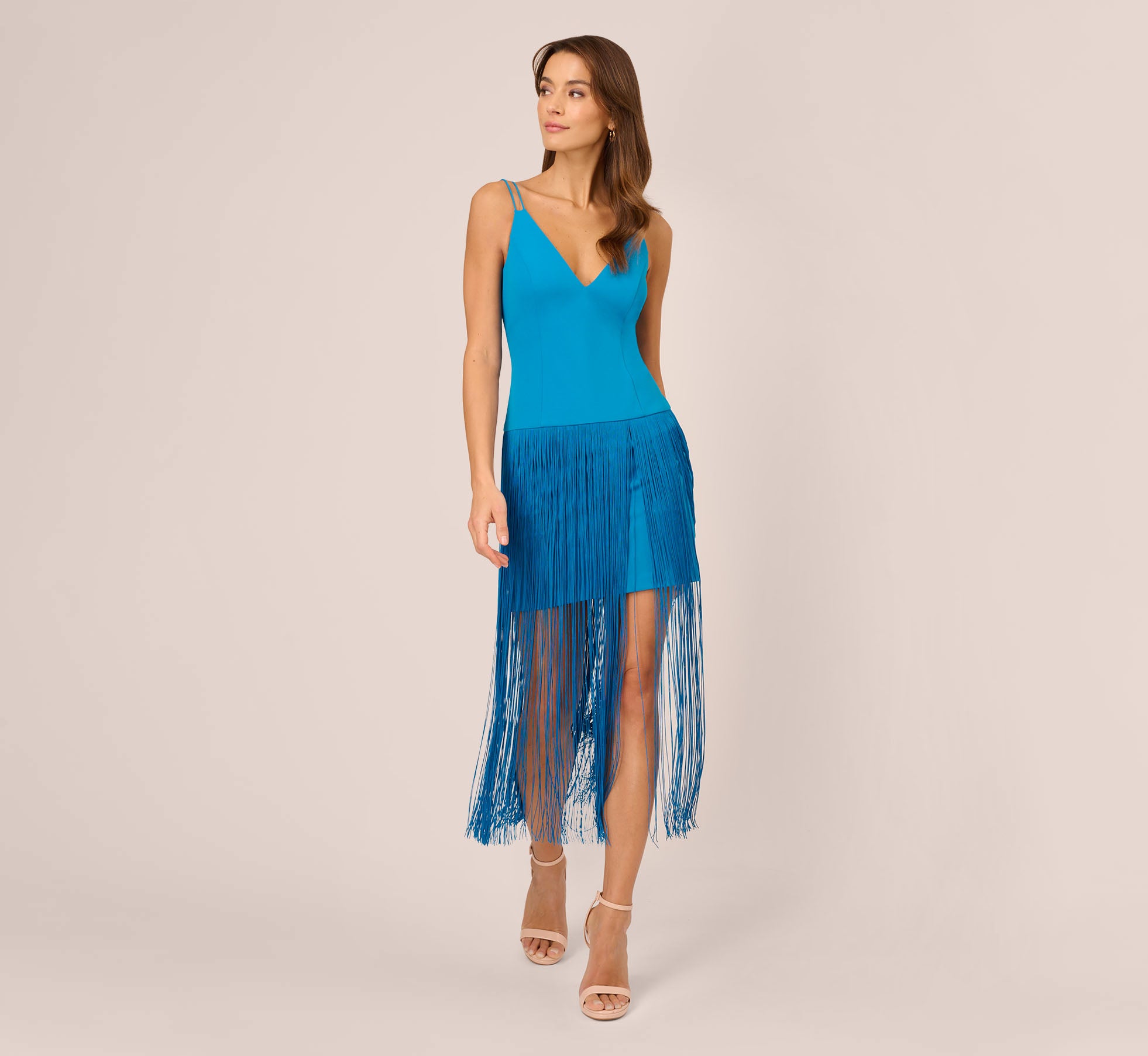 Crepe Fringe Dress With Double Spaghetti Straps And V Back In Deep Cerulean、mySite、solidvoid