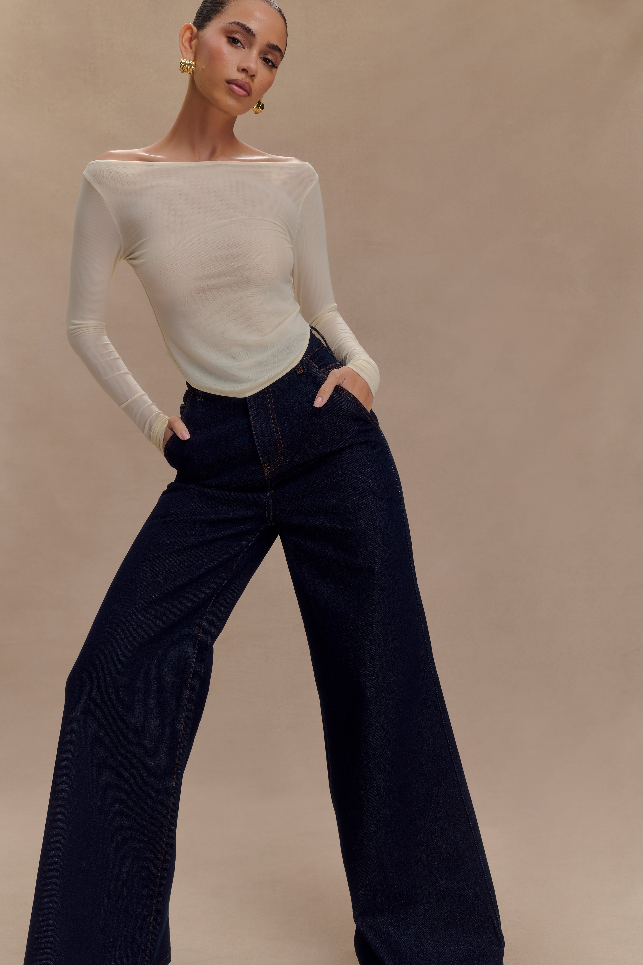 Colette Boat Neck Mesh Top - Ivory、mySite、solidvoid