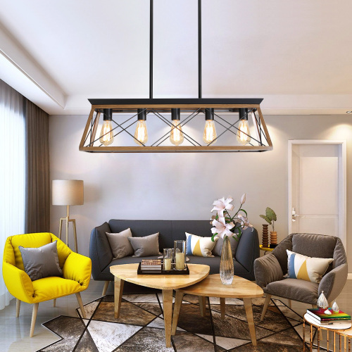 (NEW SKU :W1340P206631) 32" Walnut Industrial 5-Light Pendant Chandelier, Modern Metal Cage Design, Adjustable Hanging Light for Dining Room, Kitchen, Living Room (No Bulbs)、、eastwooduniform