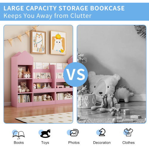 Pink Kids Wooden Bookshelf Toy Storage Organizer with Bookcase, Kid's Bin Storage Unit with 6 Compartments 2 Baskets Bins Toys Box Organizer, Children Multi Shelf Cubby for Books, Toys Shelf、、casual