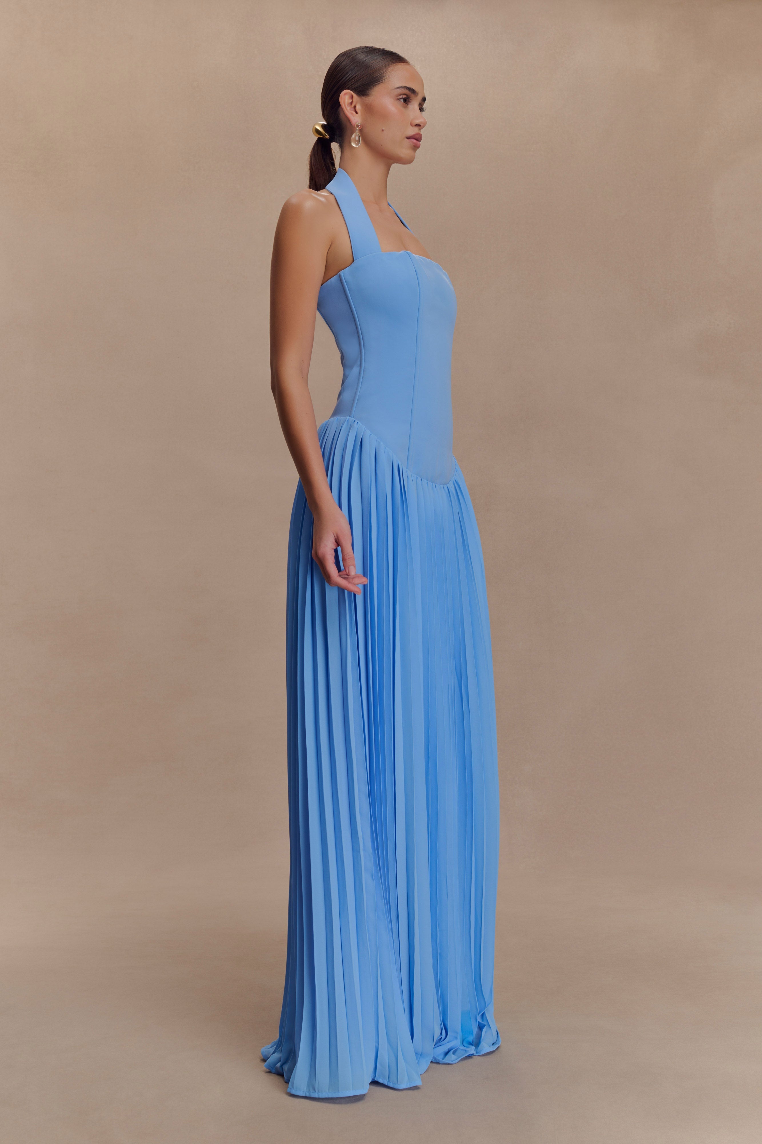 Stacie Pleated Halter Maxi Dress - Bright Blue、mySite、solidvoid