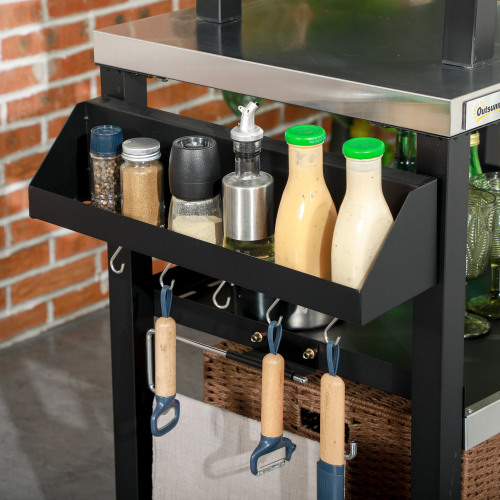 Outsunny Three-Shelf Outdoor Grill Cart with Stainless Steel Tabletop, Side Handle, 32" x 20.5" Multifunctional Pizza Oven Stand, Movable Food Prep Table on Wheels, Black、、eastwooduniform